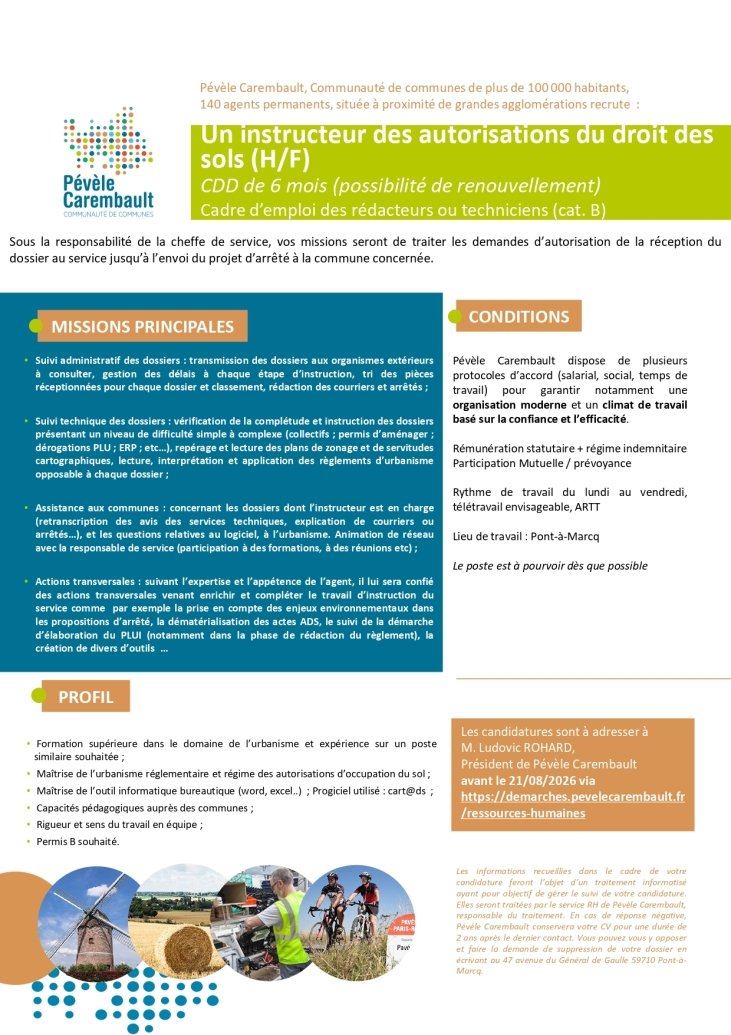 Pévèle Carembault recrute un instructeur des autorisations du droit des sols (H/F)