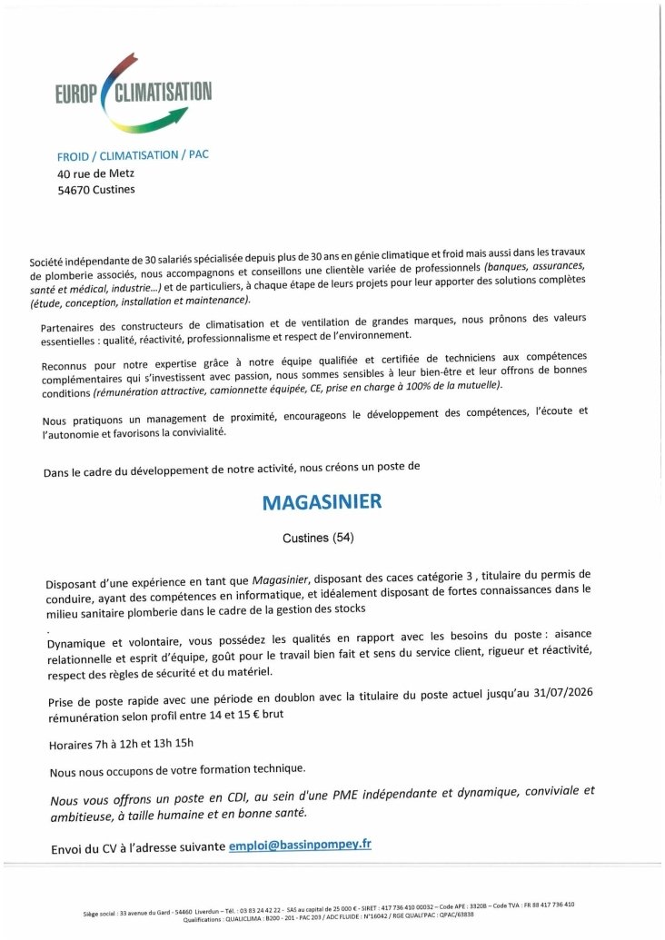 OFFRE D EMPLOI MAGASINIER