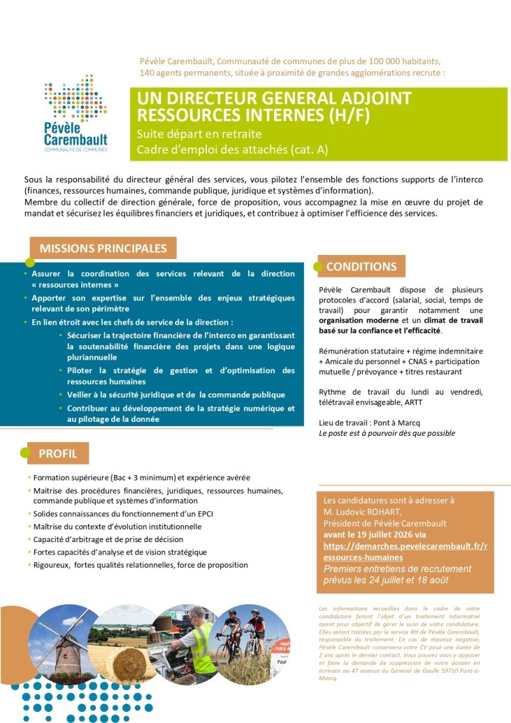 Pévèle Carembault recrute un Directeur Général Adjoint ressources internes (H/F)