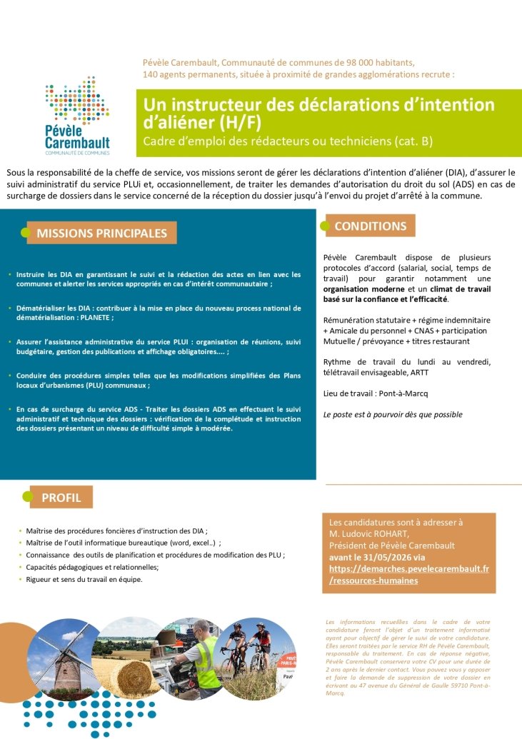 Pévèle Carembault recrute un instructeur des déclarations d'intention d'aliéner (H/F)