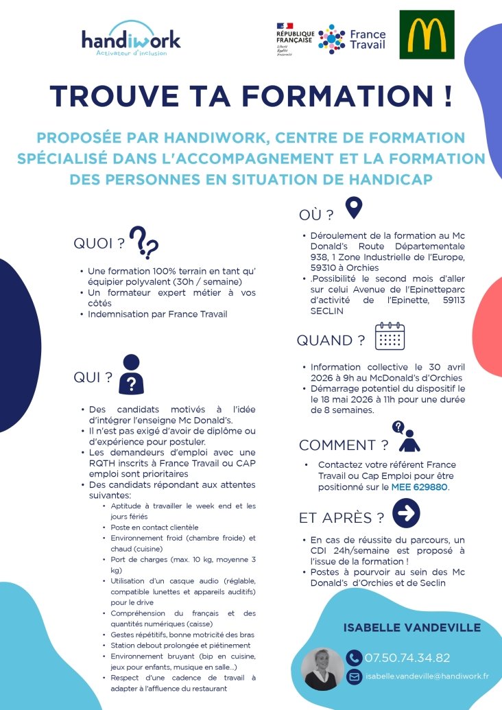 Opportunité d'emploi avec formation préalable par Handiwork - McDonald’s Orchies et Seclin