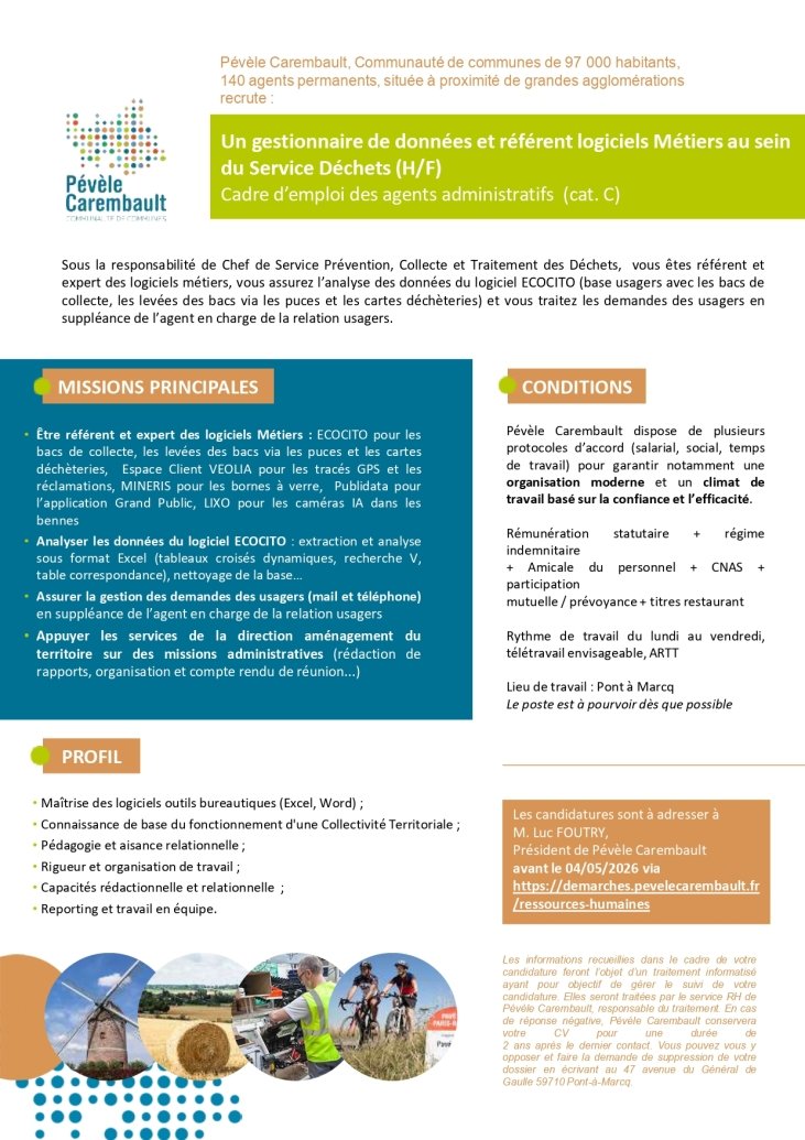 Pévèle Carembault recrute un gestionnaire de données et référent logiciels Métiers 