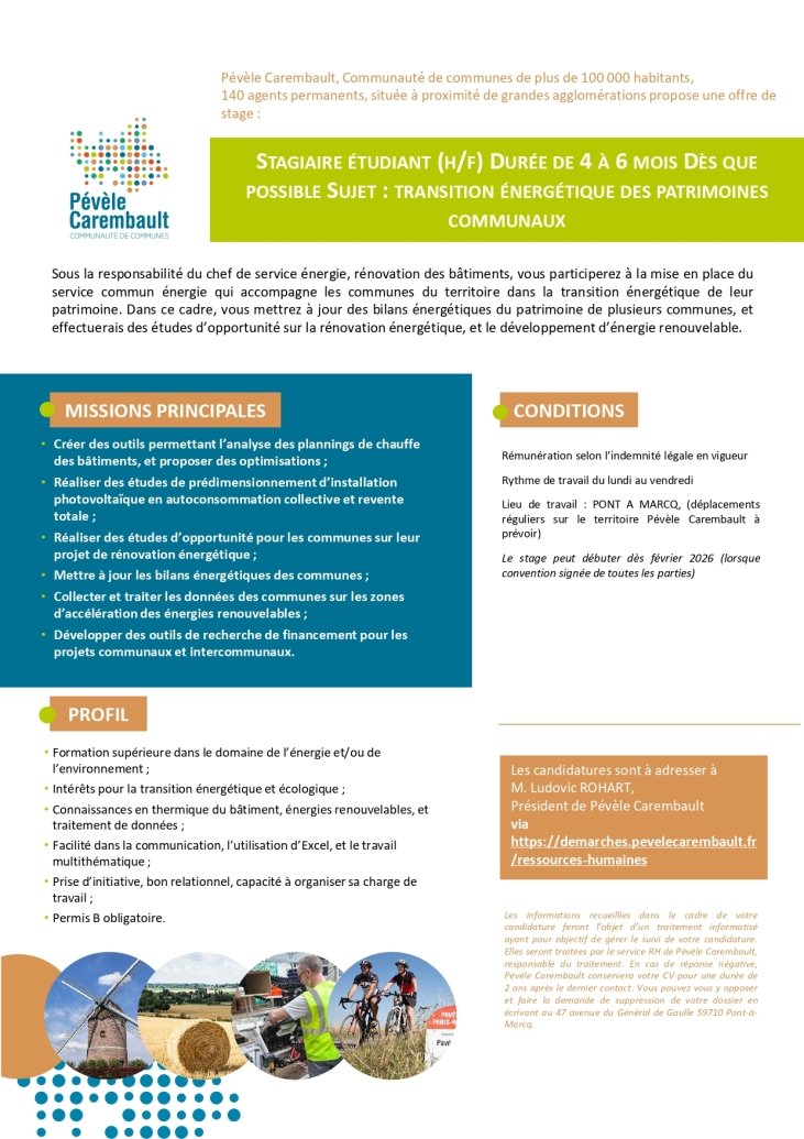 Pévèle Carembault recrute un stagiaire étudiant (H/F)