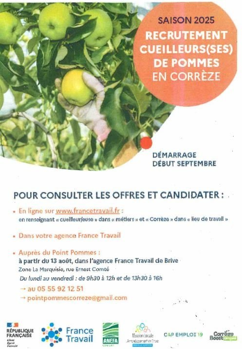 RECRUTEMENT CUEILLEURS (SES) DE POMMES EN CORREZE