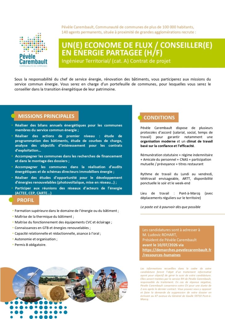 Pévèle Carembault recrute un économe de flux / conseiller en énergie partagée (H/F)